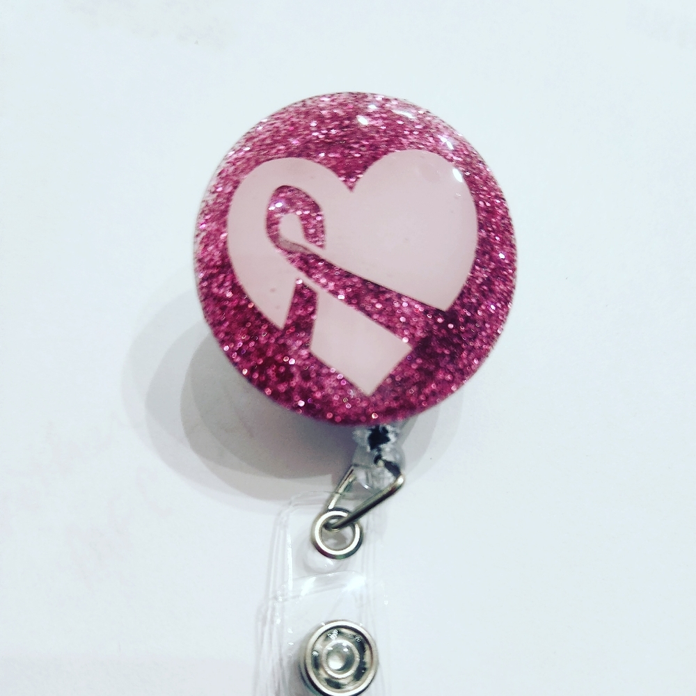 Pink Heart Retractable Badge Reels. 1.5 inch diameter.